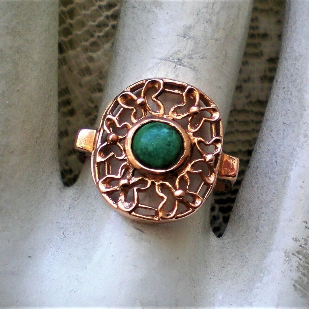 Vintage Russian Russia USSR 14K 583 Rose Pink Gold Turquoise Filigree RING